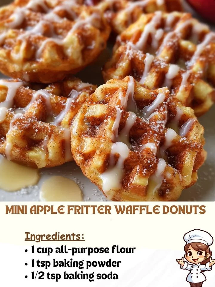 Mini apple fritter waffle donuts stacked on a plate with a drizzle of icing.