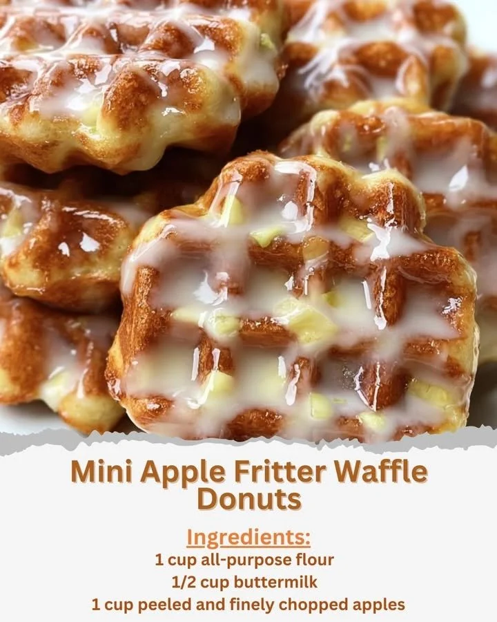 Mini Apple Fritter Waffle Donuts with glaze and apple pieces on a plate