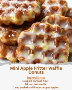 Mini apple fritter waffle donuts served on a plate with a drizzle of icing.