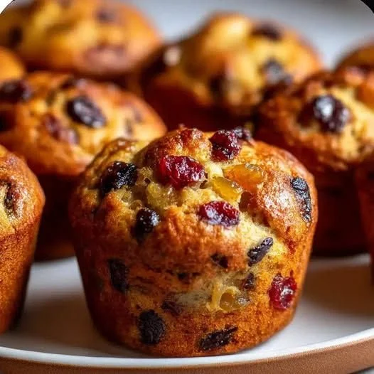 Mini fruit cake muffins with colorful fruits and nuts on a rustic plate