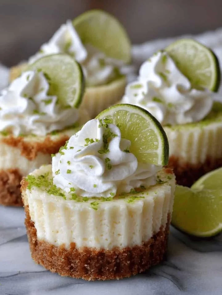 Delicious mini key lime cheesecakes on a white plate