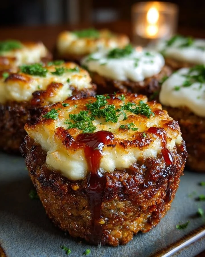 Mini meatloaf muffins with fluffy mashed potato frosting served on a plate