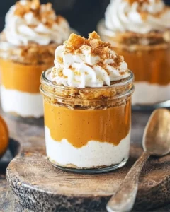 Mini no bake pumpkin pies garnished and ready to serve for a fall dessert.