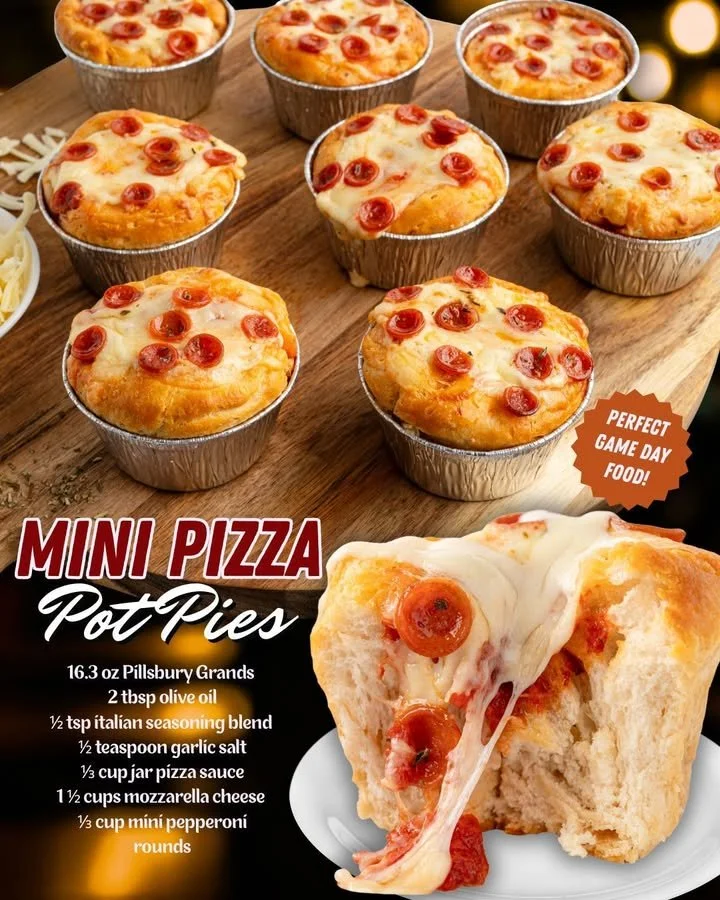 Mini Pizza Pot Pie served in a flaky crust with melted cheese and toppings.
