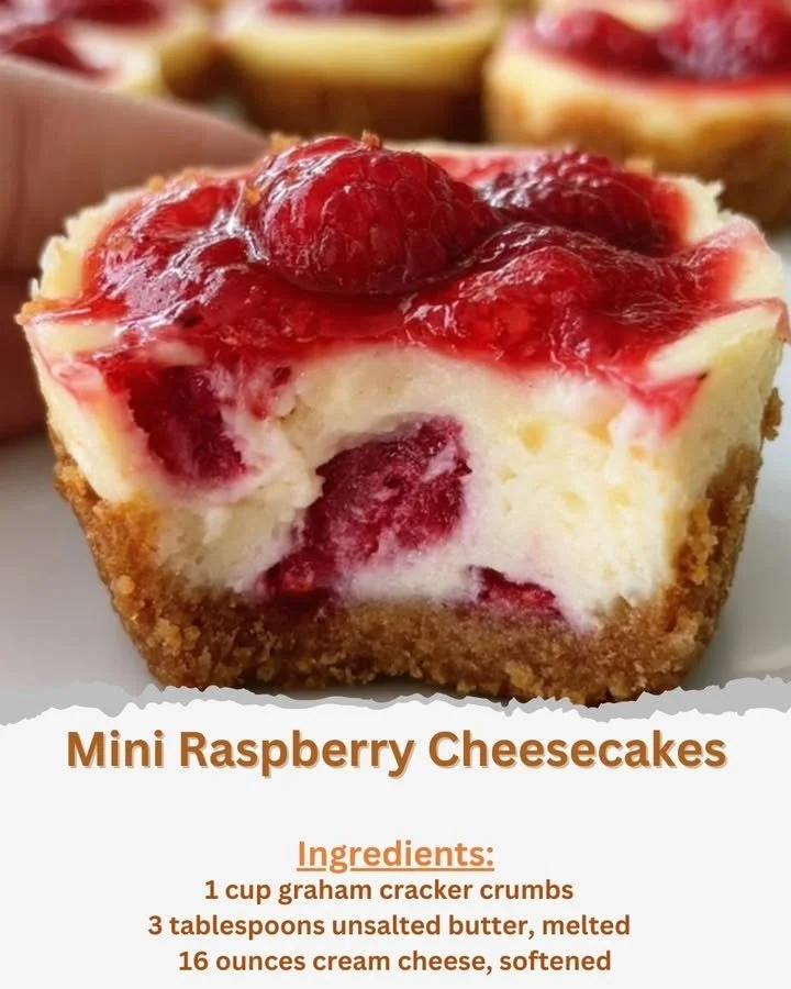 Mini raspberry cheesecakes topped with fresh raspberries on a dessert platter