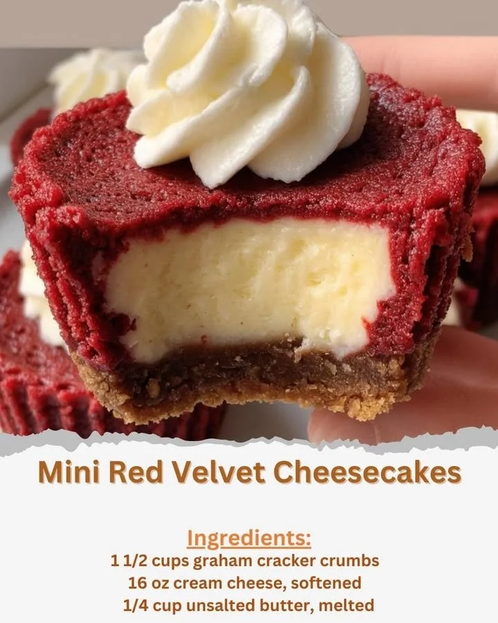 Delicious mini red velvet cheesecakes topped with cream cheese frosting
