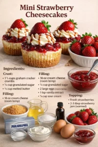 Mini strawberry cheesecakes topped with fresh strawberries and cream