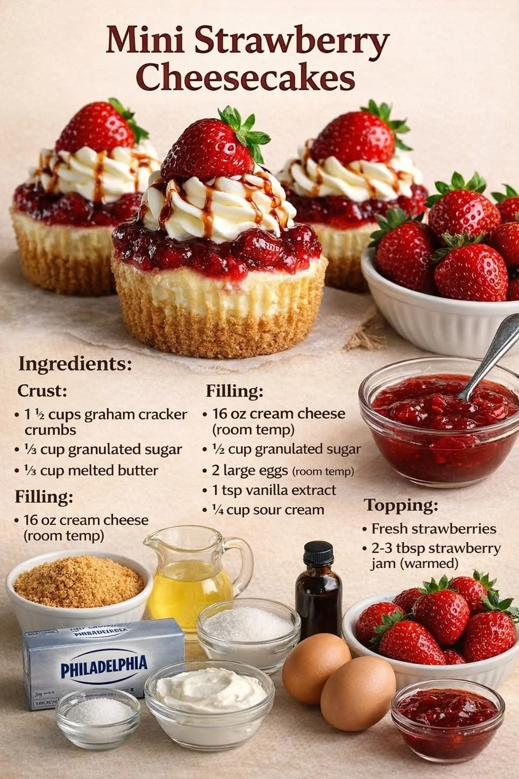 Mini strawberry cheesecakes topped with fresh strawberries and cream