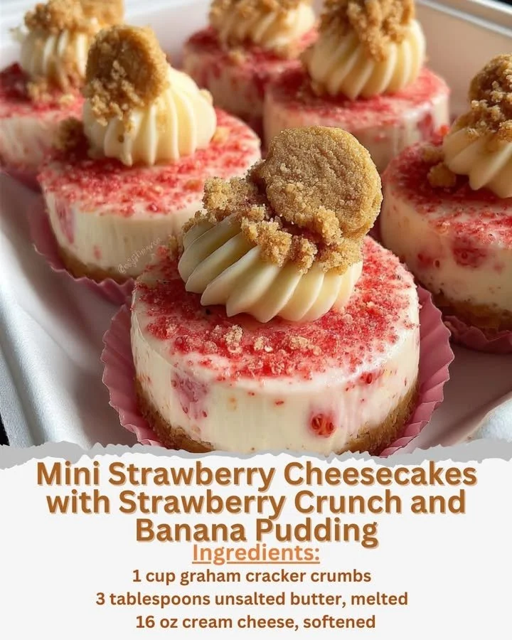 Mini strawberry cheesecakes with strawberry crunch and banana pudding topping