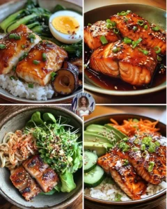 Miso glazed cod served with roasted bok choy in a colorful bowl
