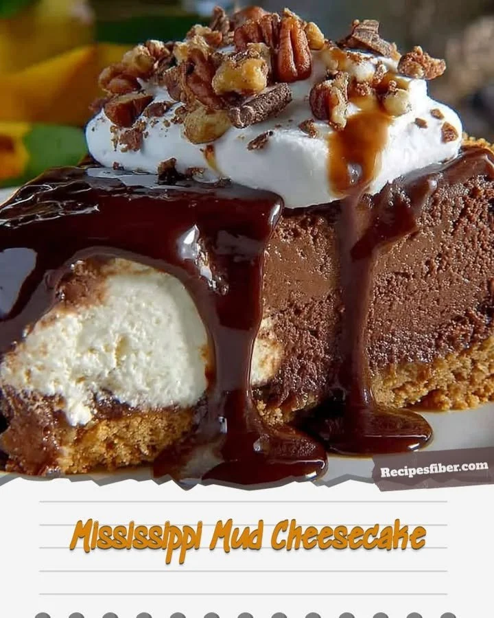 Delicious slice of Mississippi Mud Cheesecake topped with chocolate and marshmallows