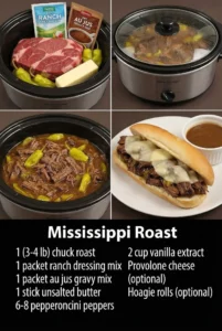 Delicious Mississippi Roast served with vegetables and herbs in a rustic setting.