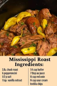 Succulent Mississippi Roast served with herbs and spices in a slow cooker