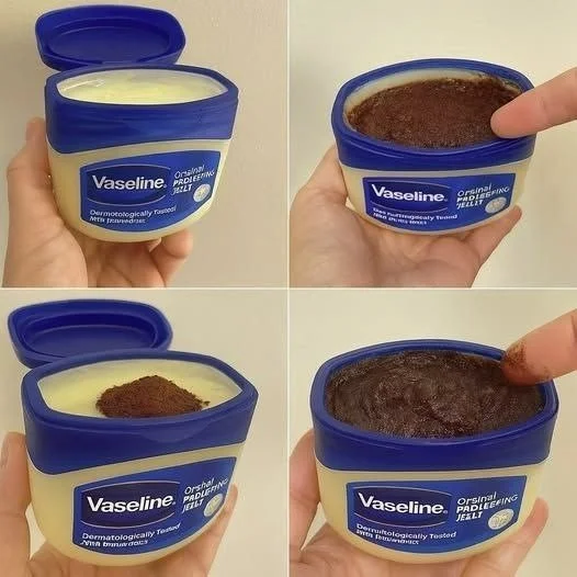 A jar of Vaseline with coffee beans on a wooden table, showcasing beauty hacks.