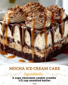 Delicious Mocha Ice-Cream Cake topped with chocolate and coffee flavors.