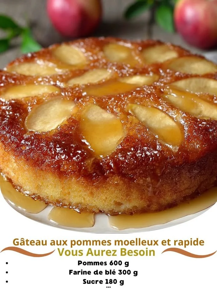 Moist and quick apple cake freshly baked with sliced apples on top.