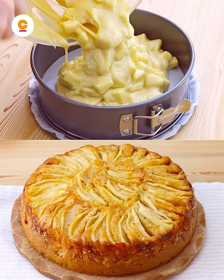 Deliciously moist apple cake topped with icing and garnished with apple slices