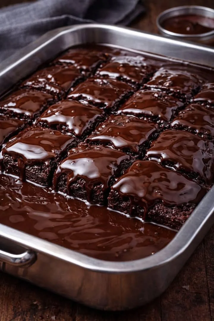 Deliciously moist chocolate cake topped with rich chocolate frosting.