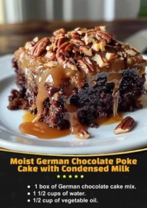 Moist German Chocolate Poke Cake with Condensed Milk served on a plate