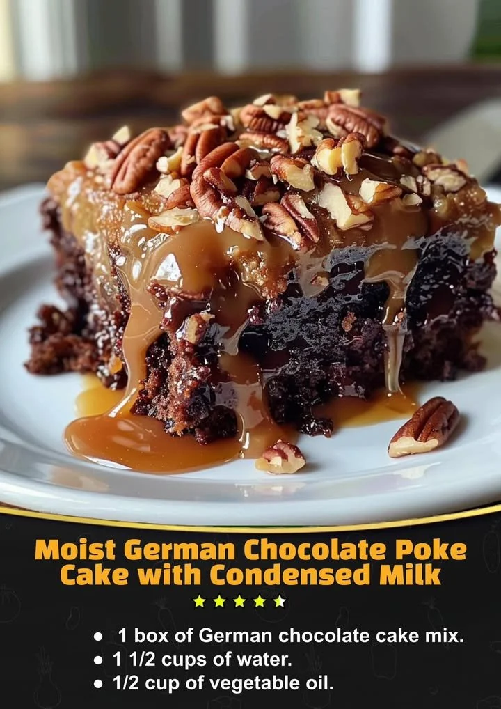Moist German Chocolate Poke Cake with Condensed Milk served on a plate