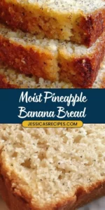 Moist pineapple banana bread on a wooden table with slices cut