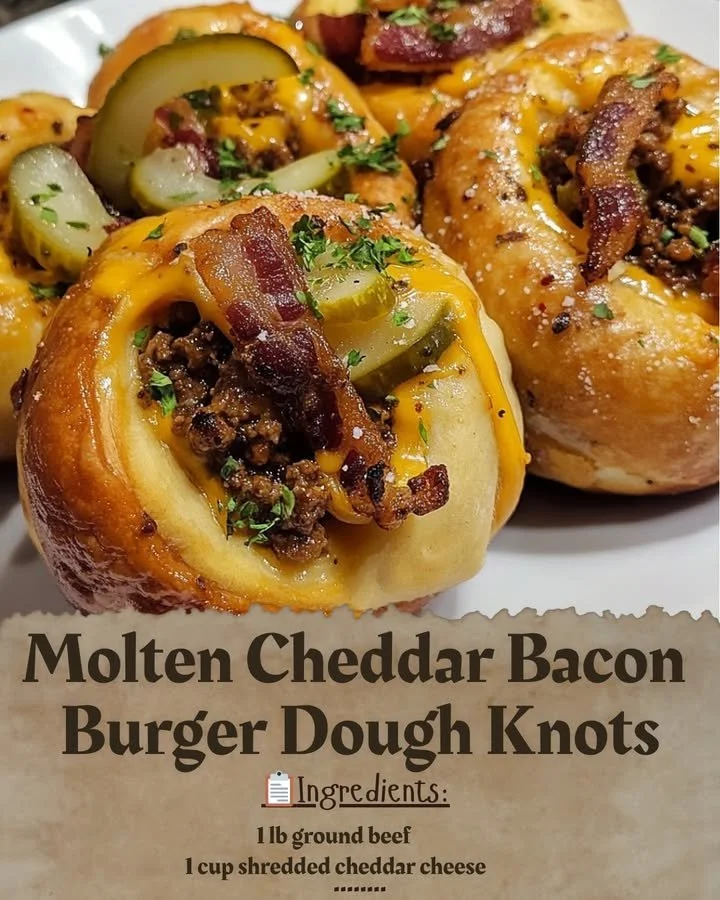 Molten Cheddar Bacon Burger Dough Knots with melted cheese and crispy bacon