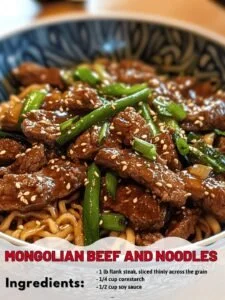 Plate of Mongolian beef and noodles garnished with green onions