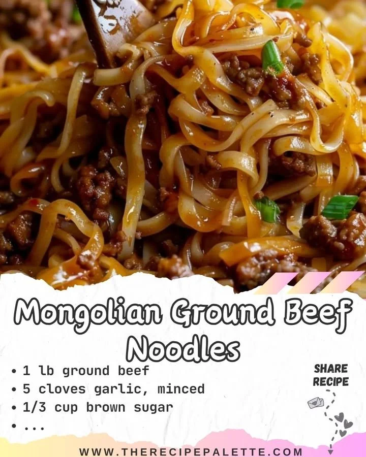Mongolian Ground Beef Noodles garnished with fresh herbs and vegetables