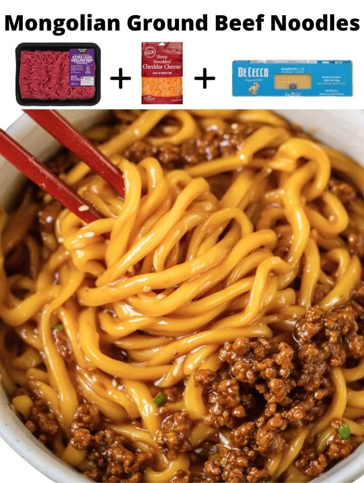 Mongolian ground beef noodles served in a bowl with vegetables