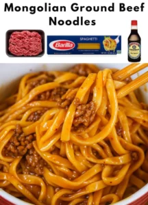 Mongolian ground beef noodles served in a bowl garnished with green onions.