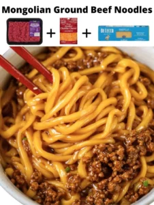 Mongolian ground beef noodles served in a bowl with herbs and spices