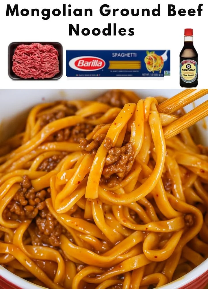 Delicious Mongolian ground beef noodles served on a plate with fresh herbs.