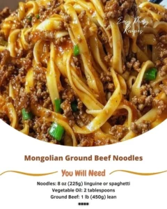 Delicious plate of Mongolian Ground Beef Noodles garnished with green onions