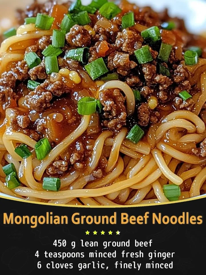 Mongolian Ground Beef Noodles in a bowl, garnished with green onions.