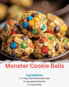 Plate of colorful Monster Cookie Balls with oats, chocolate chips, and M&Ms.