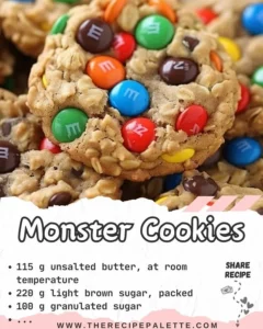 Delicious homemade Monster Cookies filled with chocolate chips and M&Ms.