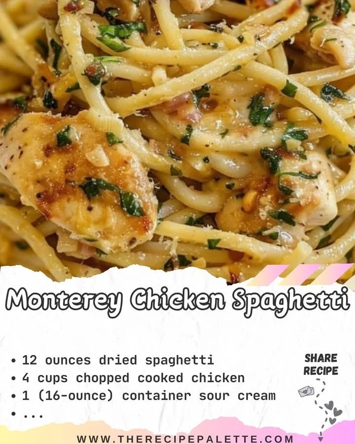 Delicious Monterey Chicken Spaghetti topped with herbs and grilled chicken.