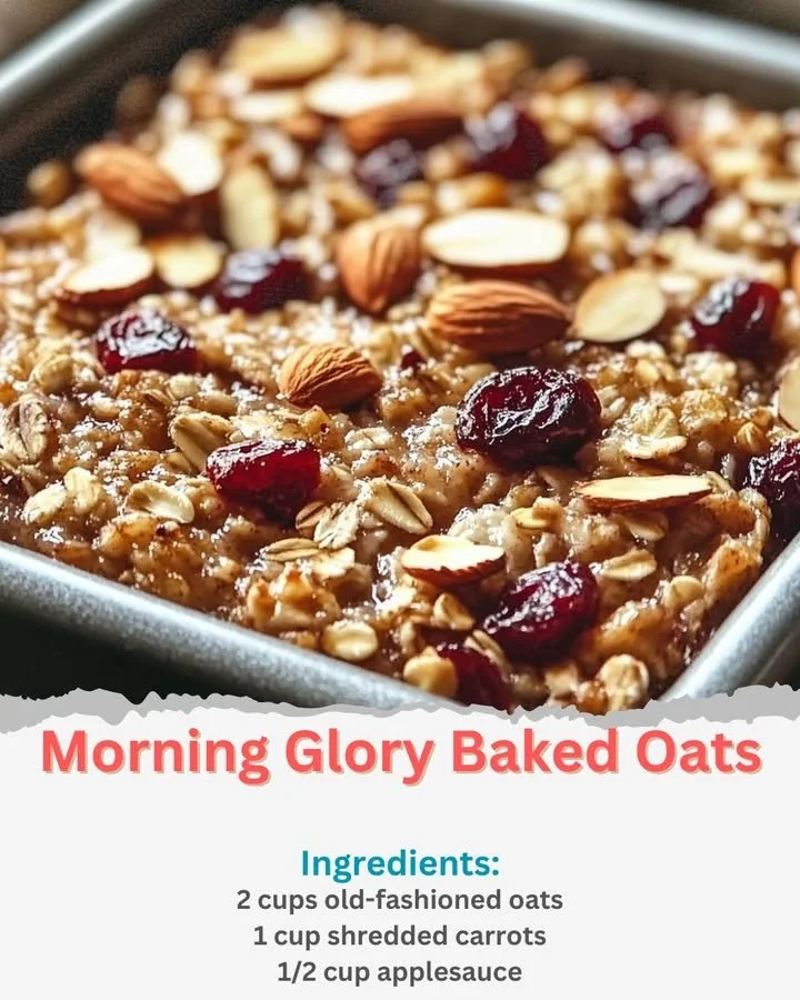 Delicious bowl of Morning Glory Baked Oats topped with fruits and nuts