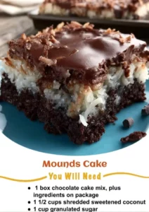Mounds Bar Cake topped with chocolate and coconut for a delicious dessert