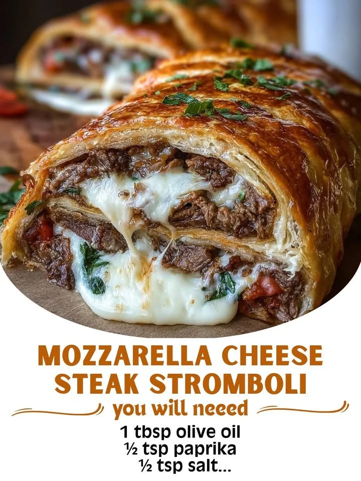 Delicious Mozzarella Cheese Steak Stromboli with melted cheese and steak filling