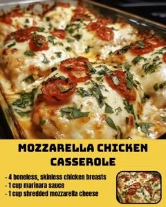 Delicious Mozzarella Chicken Casserole topped with melted cheese