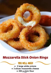 Crispy mozzarella stick onion rings served with dipping sauce