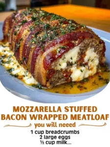Mozzarella stuffed bacon wrapped meatloaf slice on a plate