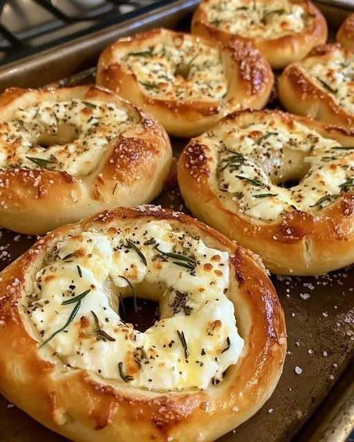 Mozzarella stuffed pretzels with rosemary and parmesan on a wooden board