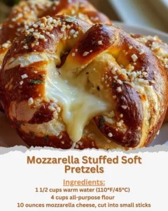 Delicious mozzarella stuffed soft pretzels fresh out of the oven