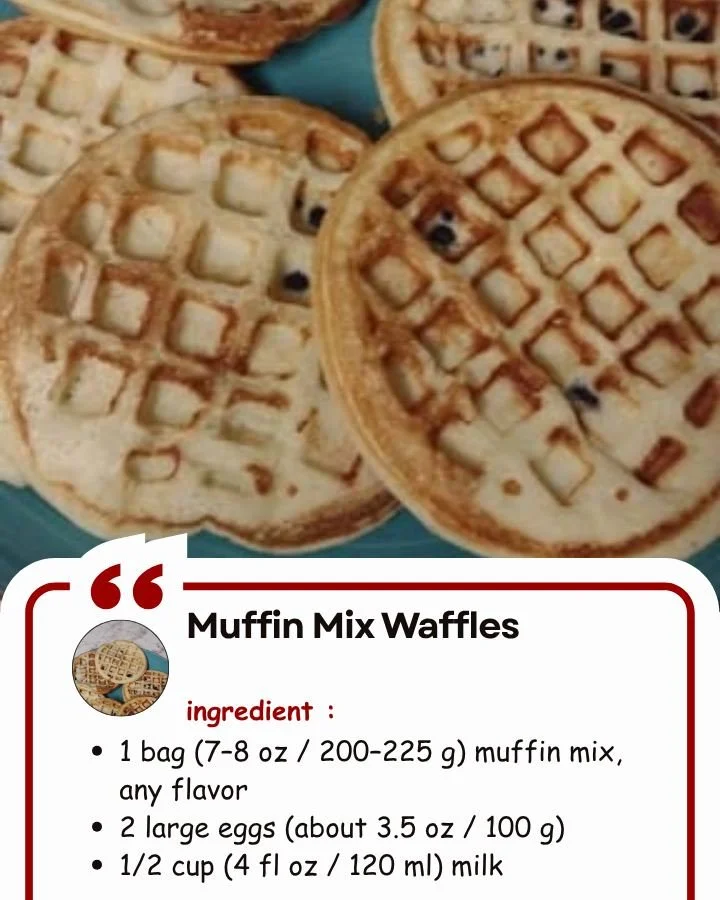 Delicious homemade muffin mix waffles served with syrup and fresh fruit