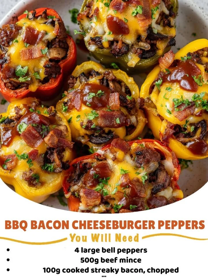 Mushroom BBQ Bacon Cheeseburger Stuffed Peppers on a serving plate
