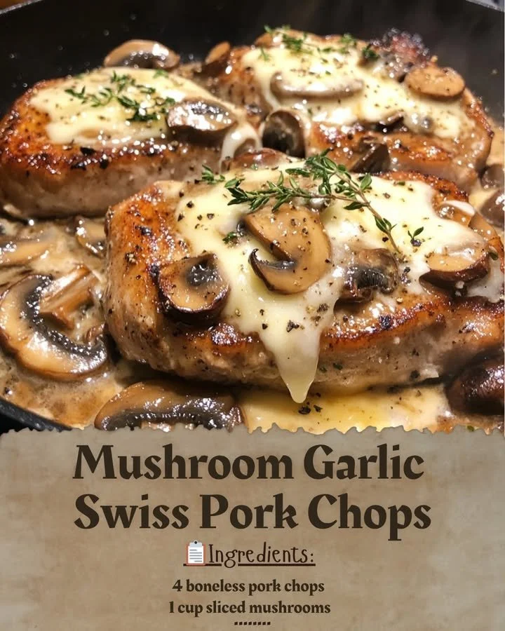 Mushroom Garlic Swiss Pork Chops served on a plate with sides
