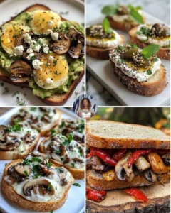 Delicious Mushroom Goat Cheese Egg Toast topped with a perfectly cooked egg.