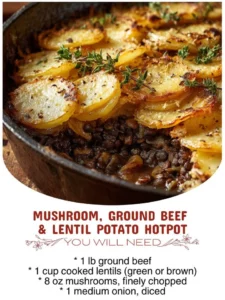 Mushroom, Ground Beef, and Lentil Potato Hotpot in a bowl